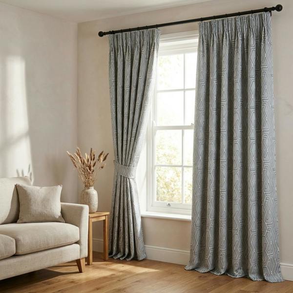 Manhattan* made-to-measure curtains in Wedgewood, styled in a living room