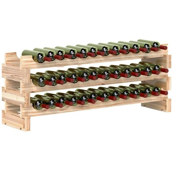 Three-tier natural wooden wine rack with 36 slots; green wine bottles with red labels