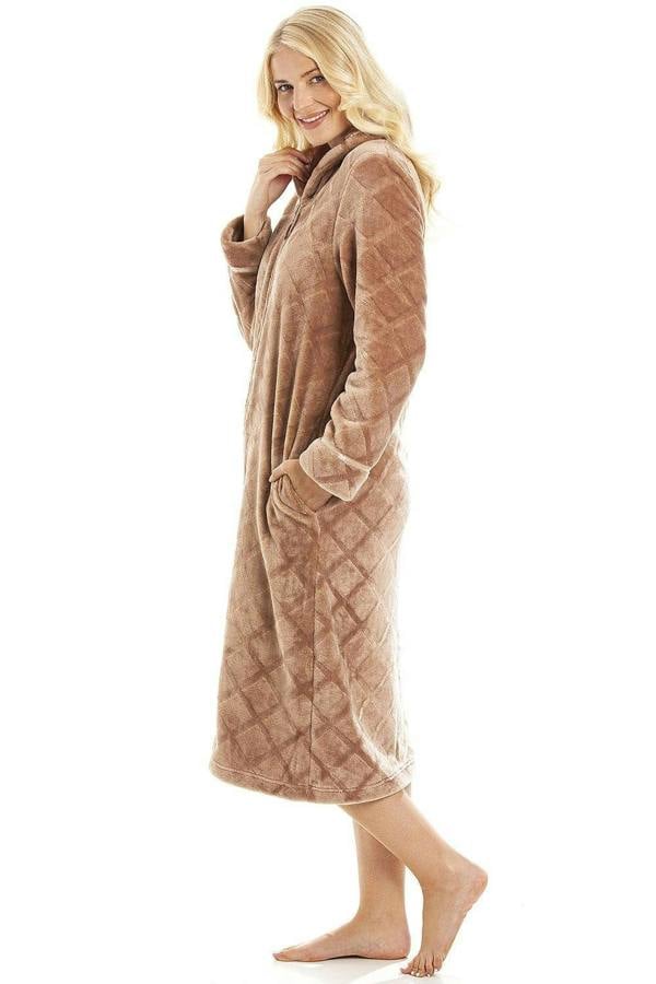 Camille Women's Housecoat Fleece Zip Robe with Inseam Pockets
