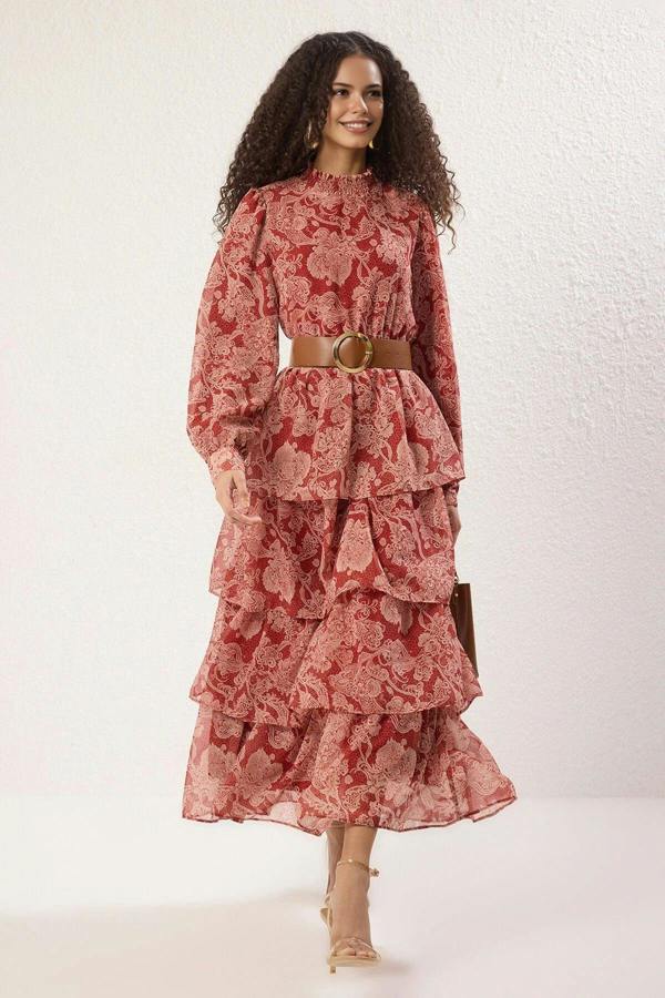 WOVCOR Stand Collar Patterned Lined Chiffon Woven Dress with Belt
