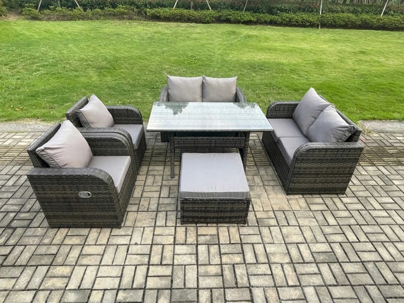 Fimous Rattan Outdoor Furniture Garden Dining Set Rectangular Table and Chair Sofa Set With Big Footstool Dark Grey Mixed