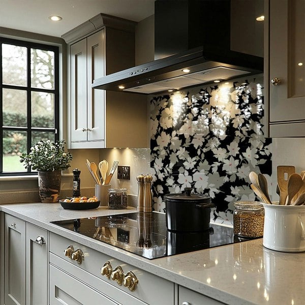 Benjamin Tate Design Grey White & Black Flowers Splash Back