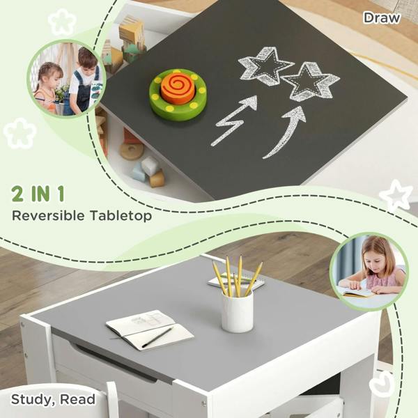 Kids three-piece table set with dark chalkboard tabletop and storage shelves