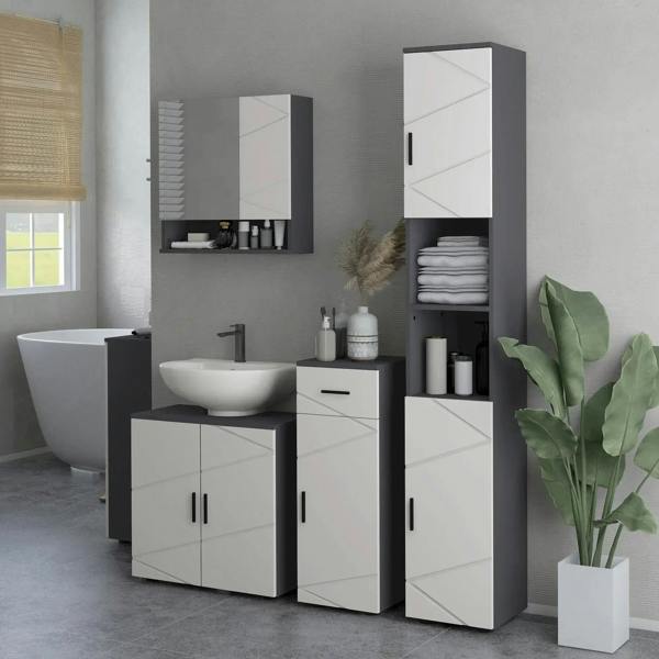 Light grey bathroom vanity cabinet with tall storage unit and black countertop in bathroom