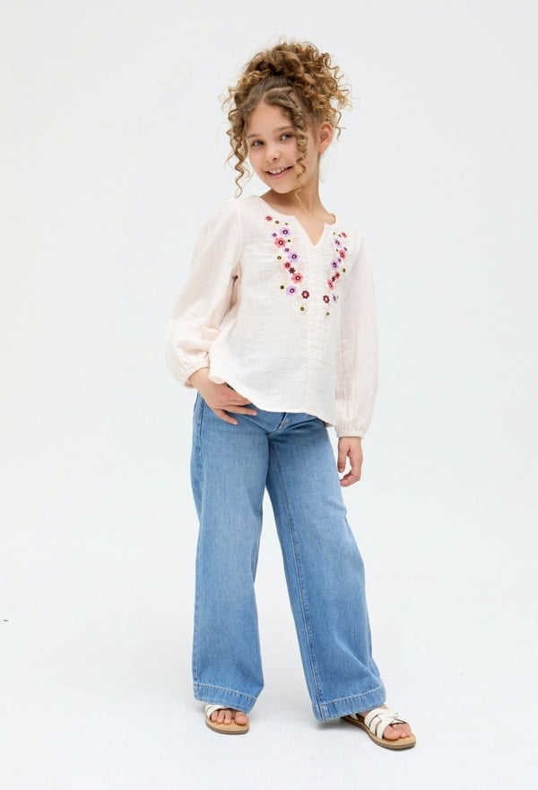 Kids Dina V-Neck Embroidered cotton Blouse In Cream - image 1