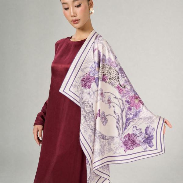 Lilac & Violet Leopard Twill Silk Scarf – Printed Mulberry Silk, Gift for Her