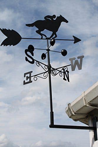The Garden Marketplace Horse Racer Steel Weathervane with Ground Spike and Wall Fixing, Black Outdoor Wind Direction Ornament with Wind Speed Cups
