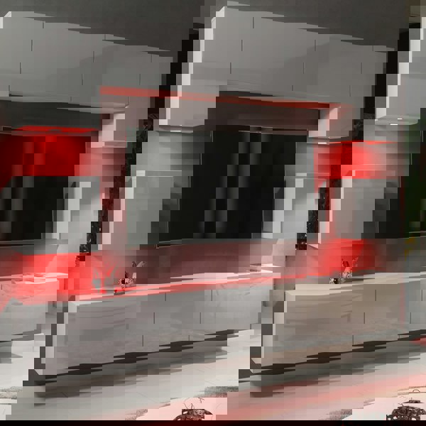 Mex Furniture Modern Wall TV Unit 9 Elements – White Matt Body and Grey Gloss Doors – Free RGB LED