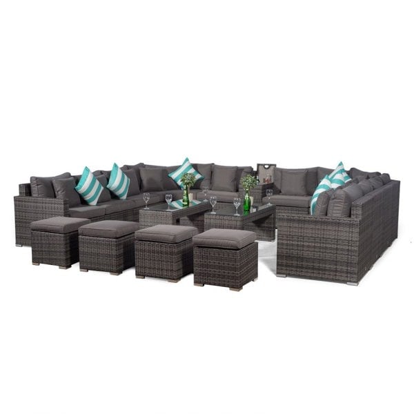 Giardino Santorini U Shape Modular 10 Seat Rattan Sofa Set With Armrest Drinks Cooler, 2 Coffee Tables & 4 Stools