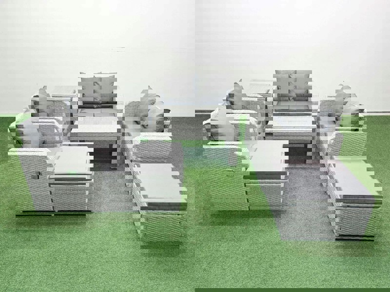Fimous 8 Seater Outdoor Reclining Chair Love Sofa Set Rattan Garden Furniture Set with Oblong Coffee Table 2 Big FootStools  Side Table Light Grey