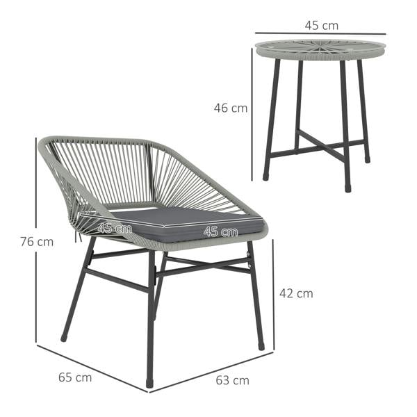 Wyld Haus Sorino Rattan Rope Light Grey 3 Piece Outdoor Garden Bistro Furniture Set Glass Coffee Table