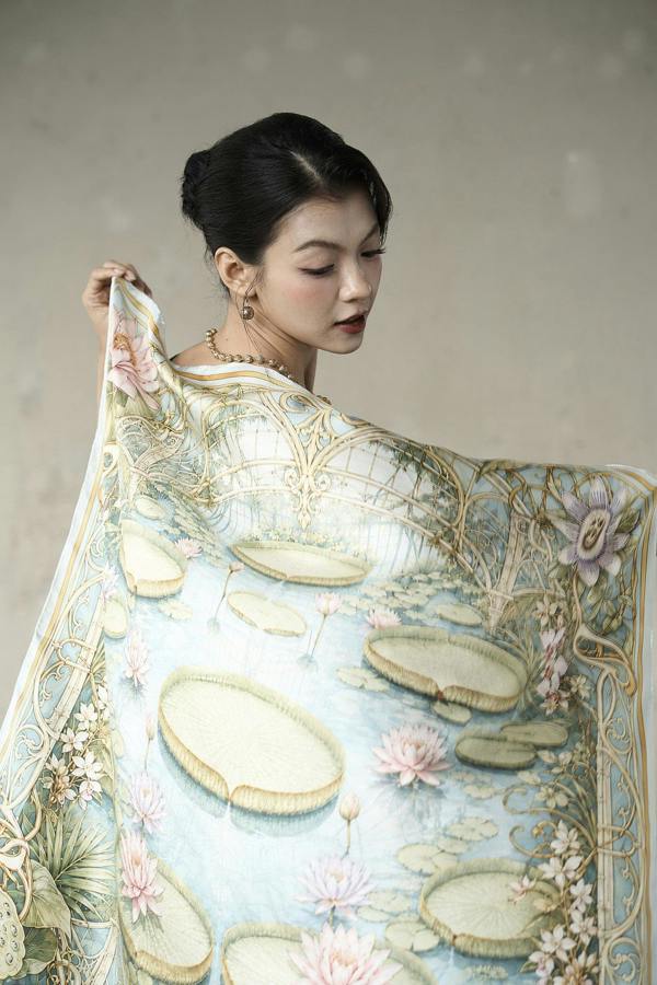Waterlily House Twill Silk Scarf – Printed Mulberry Silk, Botanical Gift for Her