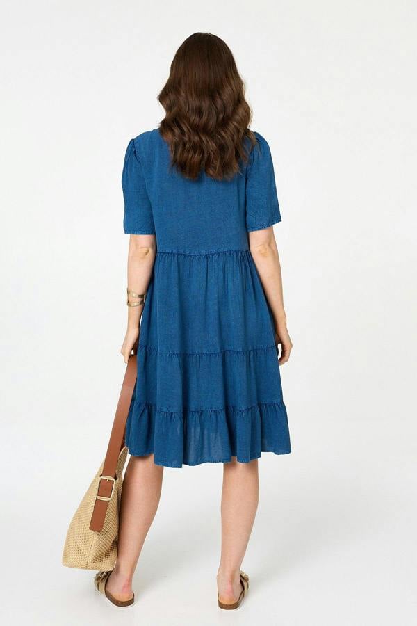 Blue | Tiered 1/2 Sleeve Knee Length Dress