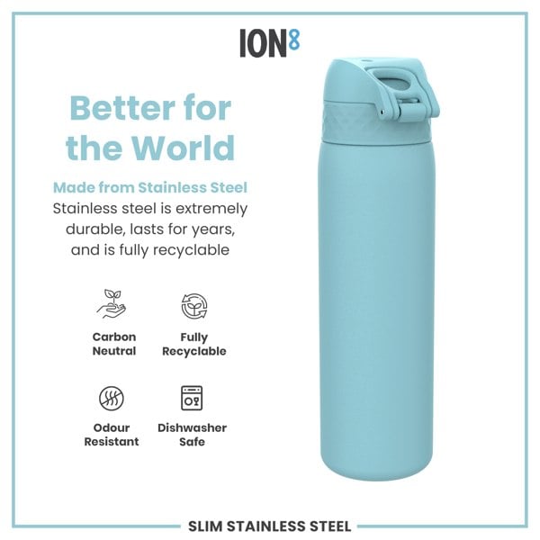 A light-blue stainless steel water bottle sits on a white background. It is made from durable, recyclable material; it’s carbon neutral, odour resistant, and dishwasher safe.