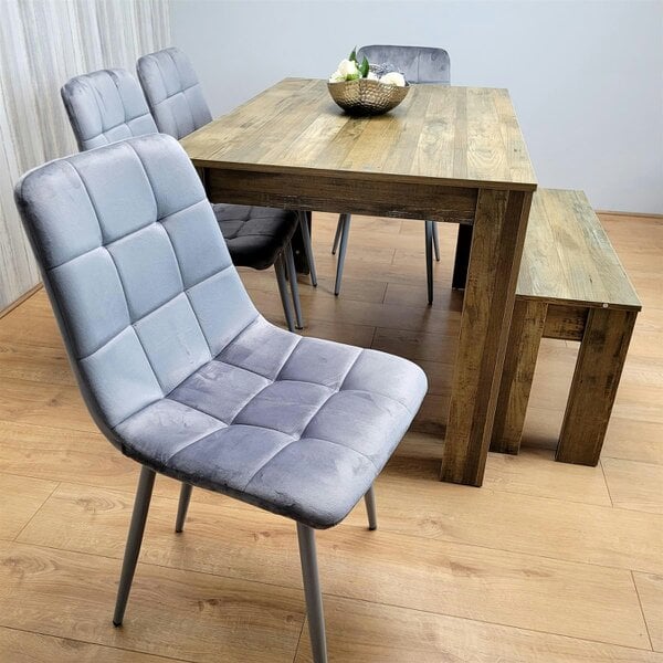 Kosy Koala Wooden Dining Table Set for 6 Rustic Effect Table With 4 Grey Velvet Chairs and 1 Bench