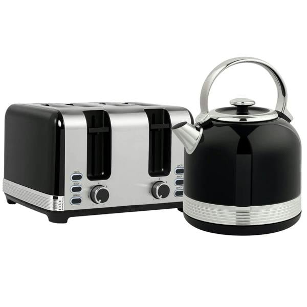 Black polished stainless steel kettle and toaster set with chrome accents