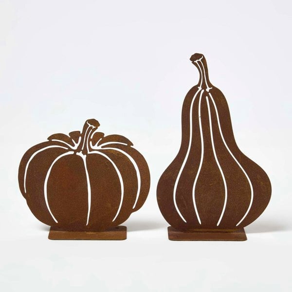 HOMESCAPES Steel Pumpkin & Squash Garden Ornaments, Set of 2