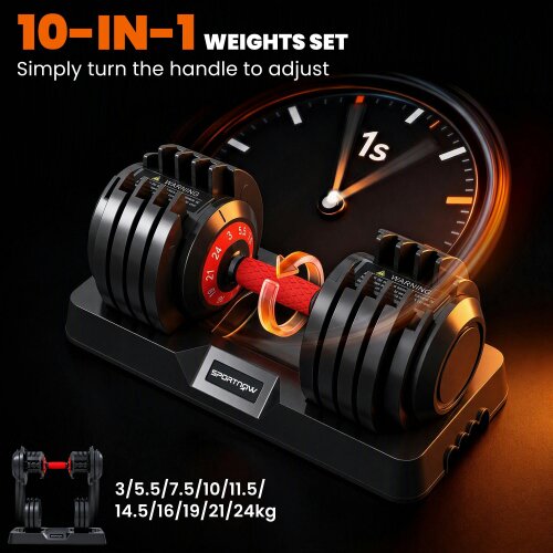 SPORTNOW 24kg Adjustable Dumbbell Set of 2, 10-in-1 Dumbbell Weights