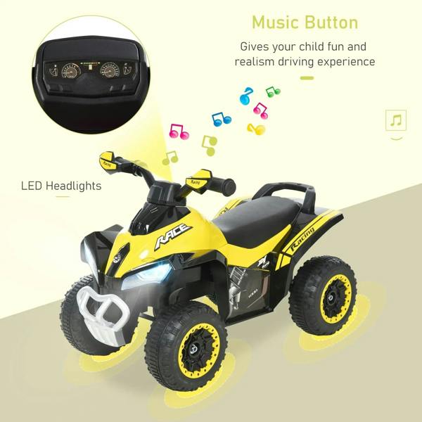 Yellow ride-on car walker with LED-style headlights and control panel on the dashboard