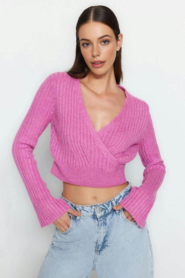 WOVCOR Crop Soft Textured Double Breasted Knit Sweater