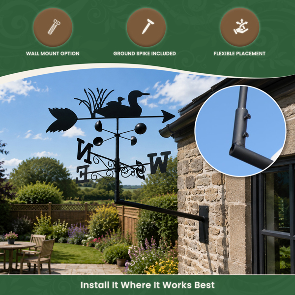 Swimming Ducks Weathervane, All-Steel Black Painted Weather Vane With Wall Fixings and 1.7m Ground Spike, Wind Speed Cups