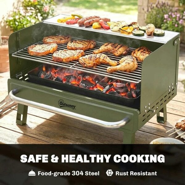 Bobobiy Portable BBQ Grill, Charcoal Barbecue Grill with Adjustable Grates, Foldable Legs, Side Shelf for Camping Travel, Green