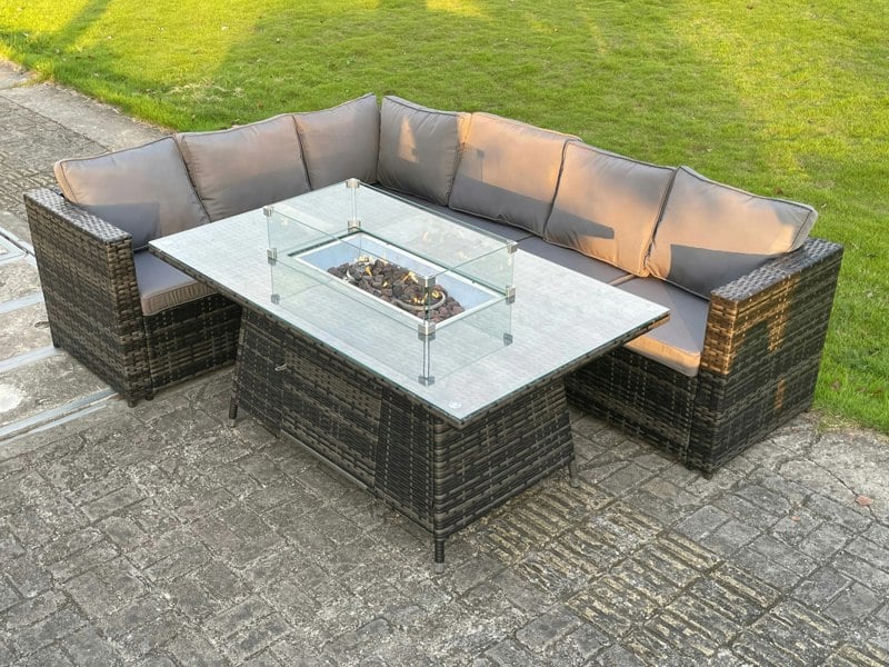 Fimous 6 Seater Outdoor Rattan Garden Corner Sofa Furniture Gas Fire Pit Table Sets Gas Heater Lounge Dark Grey