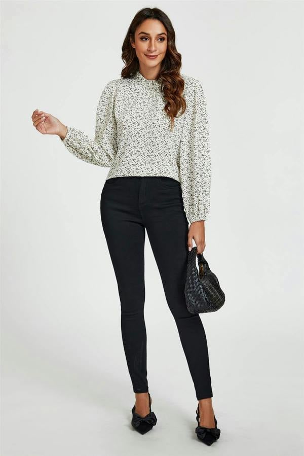 FS Collection Little Floral Print Frill Detail High Neck Top In White