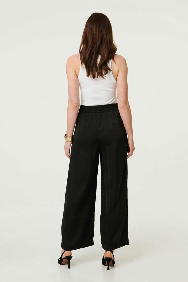 Black | High Waist Wide Leg Pleat Front Trousers

