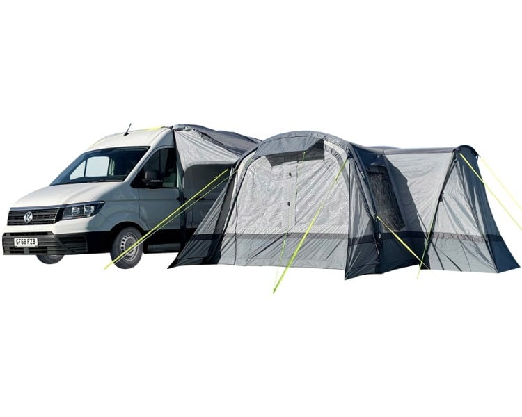 The Cocoon Breeze® XL v2 Motorhome Awning (Grey) from OLPRO pictured on a white background attached to VW Crafter.