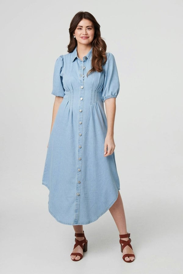 Blue | Denim 1/2 Puff Sleeve Ruched Maxi Shirt Dress
