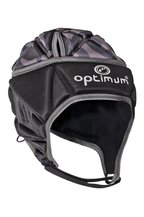 Silver camo Optimum rugby headguard with black padded sides, grey trim and chin strap, angled view on white - Optimum