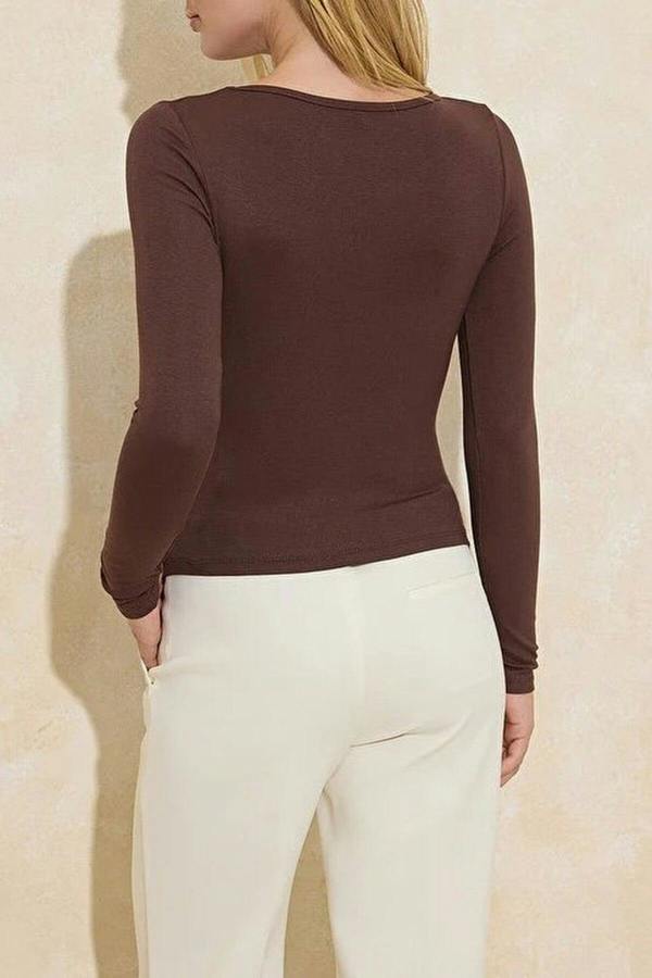WOVCOR V-Neck Long-Sleeved Stretchy Knit Blouse