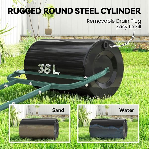 38L round steel lawn roller, dark green frame with black cylinder and removable plug