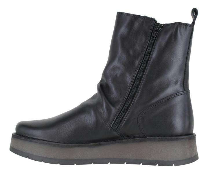 Fly London RENO Womens Side Zip Chelsea Dealer Mid Ankle Boots, black leather ankle boots with a side zipper and a flat rubber sole.