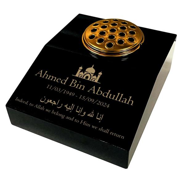 Memorials Direct Black Granite Sloping Memorial Desk with Vase – Islamic Design 2, Free Gold Engraving