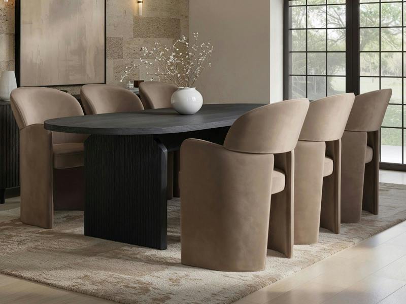 Varm & Estella Black Extendable Dining Table with Velvet Chairs Brown Table + 6 Chairs