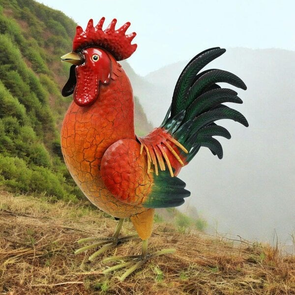 EDH Door Hardware Large Metal Red Cockerel (44cm x 16cm x 36cm) – Handcrafted Rustic Rooster Garden Ornament  Farmyard Statue