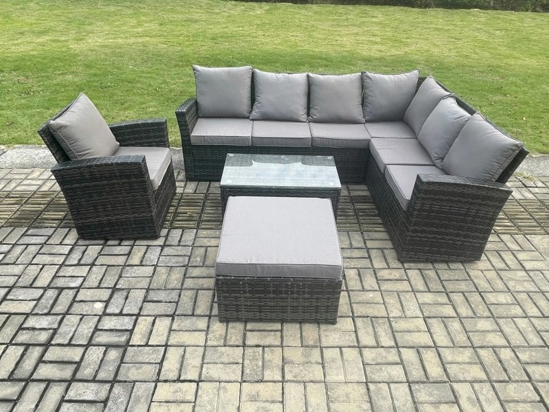 Fimous 8 Seater High Back Outdoor Garden Furniture Set Rattan Corner Sofa Set With Rectangular Coffee Table Big Footstool Armchair Dark Grey Mixed