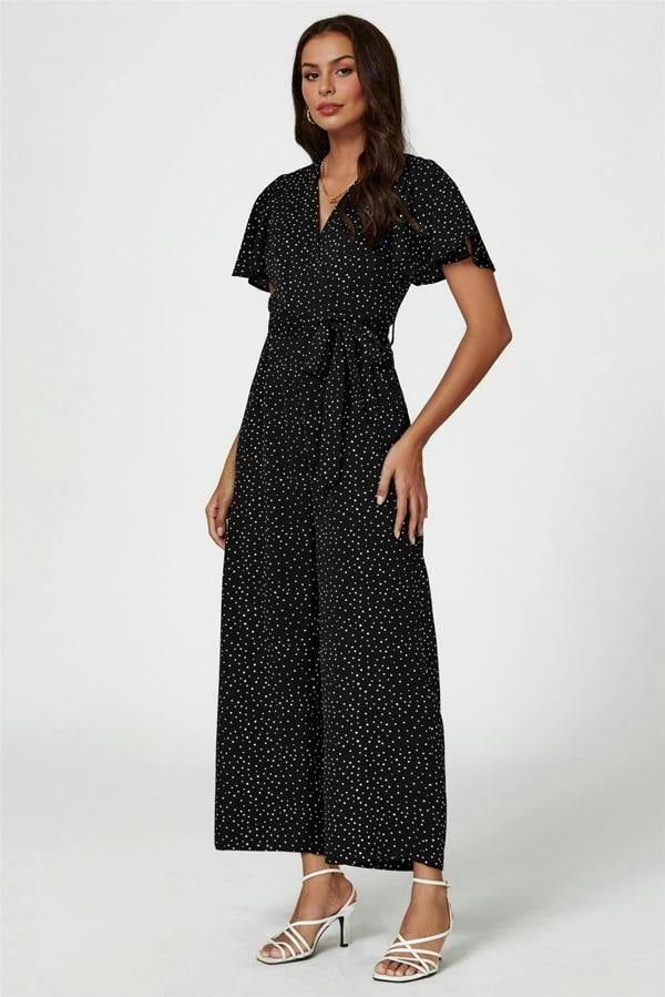 FS Collection Dot Print Wrap Top Jumpsuit In Black