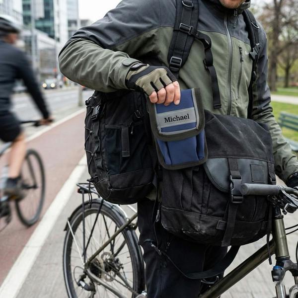 Close-up of a urban cyclist holding a personalised blue bike repair kit with a reflective name strip reading 'Michael'.