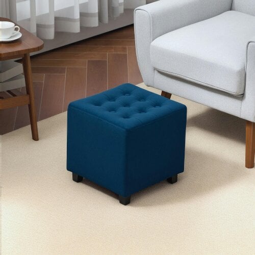 Wyld Haus Dimano Velvet Blue Upholstered Square Ottoman Diamond Tufted Pattern