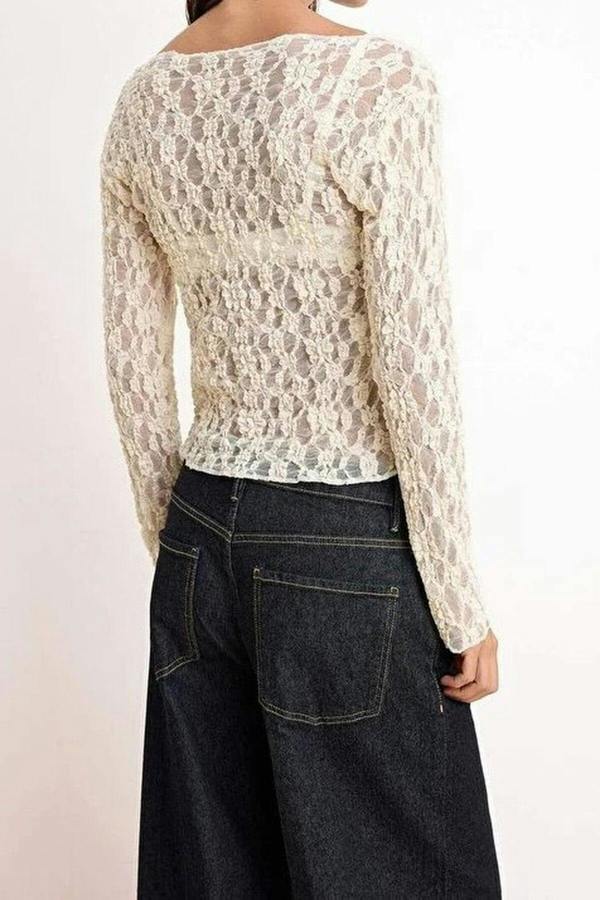 WOVCOR Fitted Boat Neck Long Sleeve Lace Knit Blouse