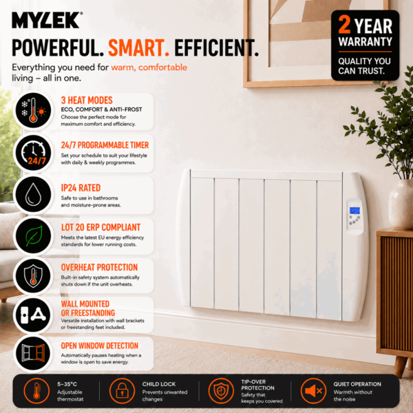 MYLEK Panel Heater Radiator 1500W Electric with Programmable Digital Timer