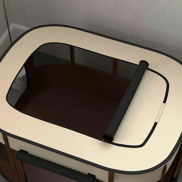 Brown foldable dog pen with large front viewing window and black trim