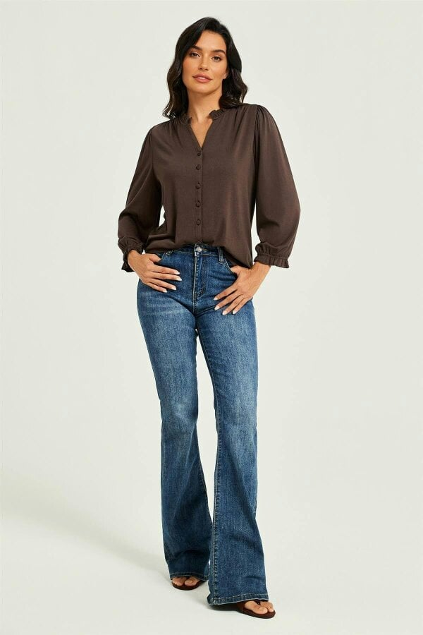 FS Collection Frill Neck Long Sleeve Jersey Blouse Brown