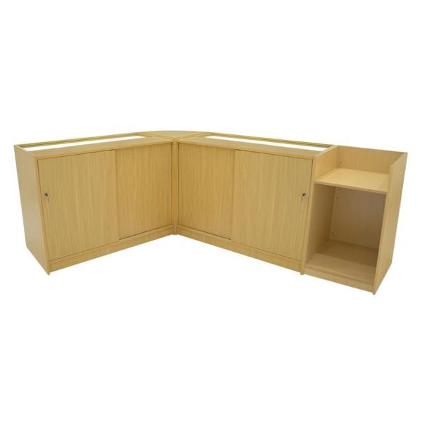 Vega LED Shop Counter Set in maple finish, featuring sleek lines, spacious storage cabinets, and a modern design ideal for retail spaces