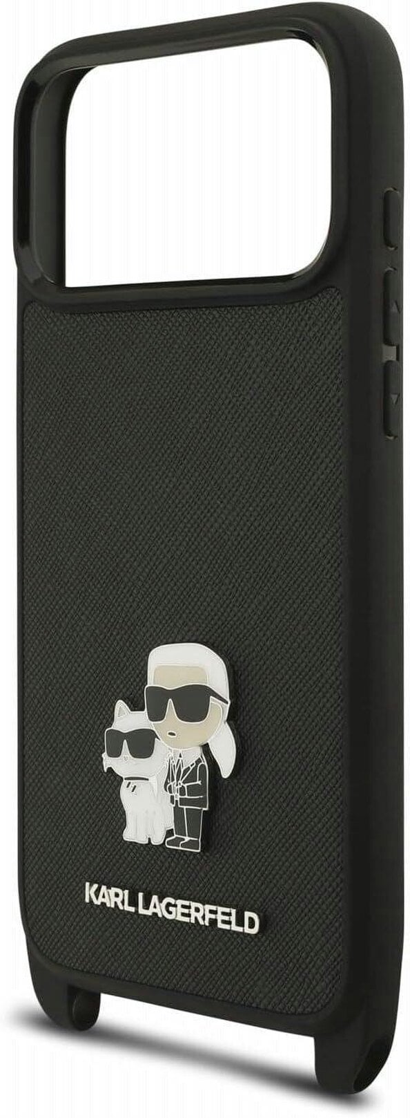 Karl Lagerfeld Saffiano Karl & Choupette Metal Pin Crossbody Strap Case for iPhone 17/18 Pro 6.3" Black - KLHCP18LSAKCPBK