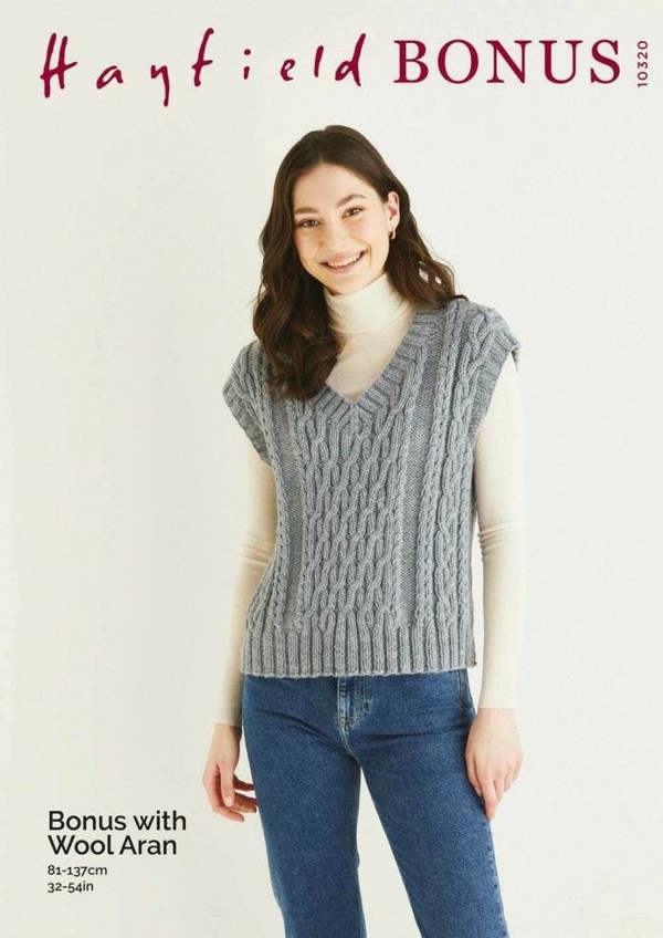 Hayfield Bonus Aran with Wool Knitting Pattern 10320, Slipovers for Women, 32 - 54 Inches