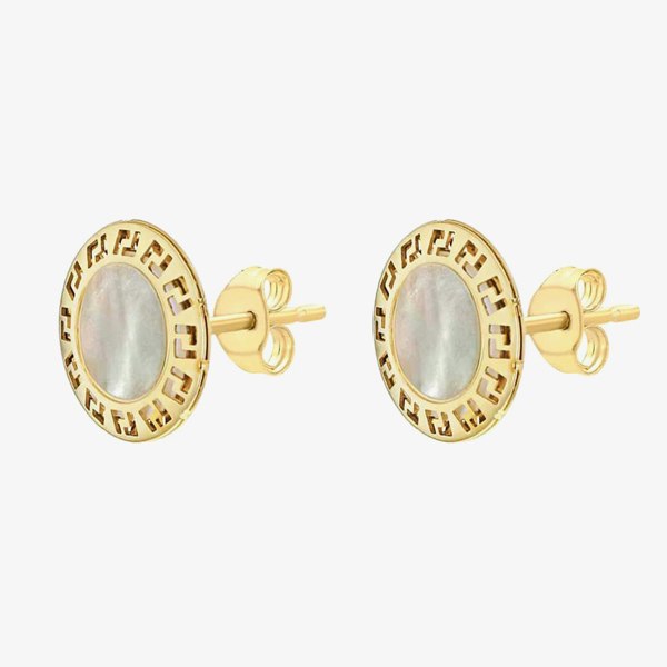 T. H. Baker 9ct Yellow Gold Mother of Pearl Grecian Key Disc Stud Earrings 1.59.0849